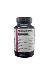 ActiWoman+ supplement bottle featuring vitamins and minerals for hair, skin, and energy support.